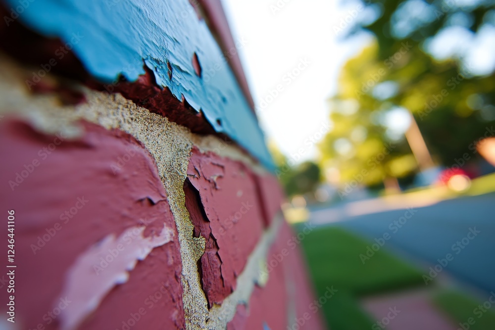 Poster a close-up view of a weathered brick wall displays patches of peeling paint and cracks, with soft na