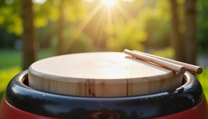 Obraz premium Close-up of taiko drum with sticks in Japanese garden, cultural significance