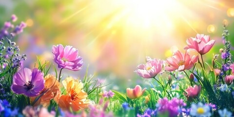 Fototapeta premium Sunlight bathes the serene landscape, creating a peaceful ambiance.