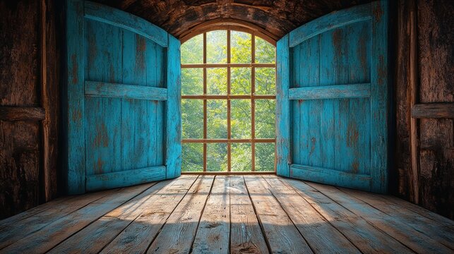 Rustic room with open blue shutters, wooden floor, and arched window showing sunlit foliage.