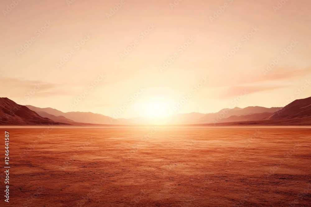 Poster wide-angle view of a barren desert featuring jagged crimson rocks beneath a pale pink sky, capturing