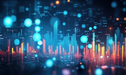 Abstract digital city with data analysis graphs, futuristic business background