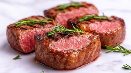 Grilled steaks rosemary garnish marble background food photography recipe