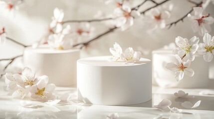 White podiums with delicate sakura blossoms and scattered petals evoke the romantic ambiance of Valentine's Day. Geometric lines and natural elements create a contemporary