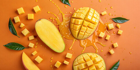 Vibrant creative layout of ripe Mango fruit along with mango cubes and slices and Splashing on a appealing orange background perfect for food and beverage designs and promotional content.