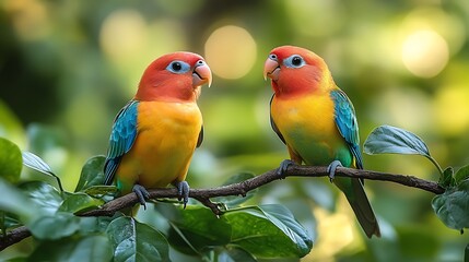 Fototapeta premium Sun Conure Lovebirds: Two vibrant Sun Conures, perched side-by-side on a branch, share a tender moment amidst lush green foliage.