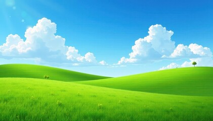 Obraz premium Rolling hills, clear blue sky, scattered cumulus clouds , blue, landscape, sky