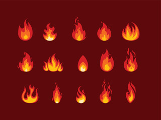Fire icons set. Fire symbol set. Vector illustration. Cartoon fire. Flame of infernal fireballs, red and yellow campfire, hot wildfire and bonfire, burn power. Hellfire, burning icons isolated vector 
