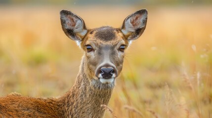 Fototapeta premium Close-up of a young deer in a golden grass field during a serene afternoon