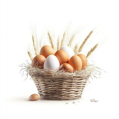 Organic Eggs in a Rustic Basket, showcasing farm-fresh produce in warm neutral tones, perfect for a wholesome culinary display.