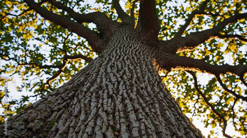 Poster view from below a majestic oak tree in the golden hour of sunset highlighting its detailed bark and 