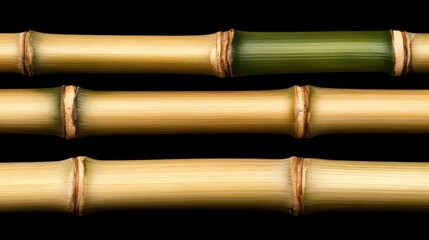 Fototapeta premium Three Horizontal Bamboo Stalks Against Black Background