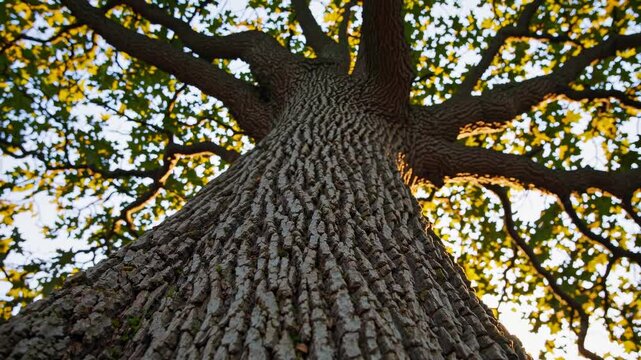 View from below a majestic oak tree in the golden hour of sunset highlighting its detailed bark and sprawling branches