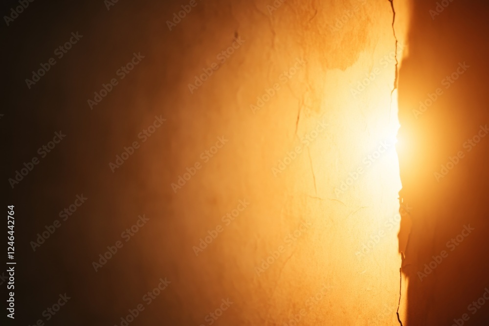 Poster Wide-angle view of a cracked wall featuring a hole, where light streams through, showcasing rough texture and an intriguing focal point of mystery