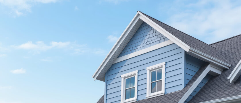 beautiful blue house with gable roof and two windows under clear sky