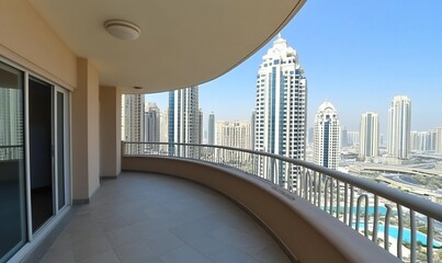 Fototapeta premium Balcony view of Dubai Marina skyline with skyscrapers and waterfront