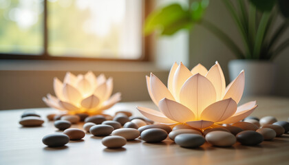 Fototapeta premium Elegant lotus flower lanterns glow softly in spa setting, inner peace