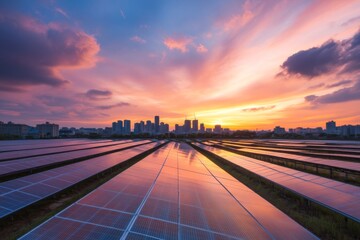 Fototapeta premium Field of solar panels captures vibrant sunset colors while reflecting a modern city skyline, showcasing urban commitment to sustainable energy solutions