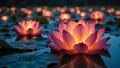 Floating lotus flower lanterns glowing on serene lake, harmony and peace