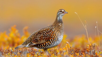 A vibrant bird stands gracefully among autumn foliage, showcasing its colors in a serene landscape