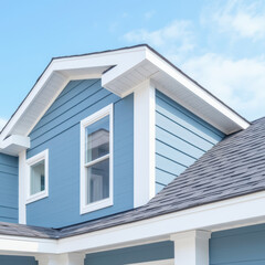 Modern blue house exterior with white trim and sloped roof