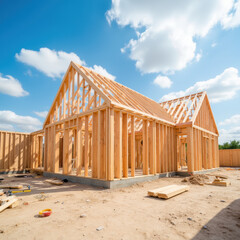 Newly constructed wooden house frame under bright blue sky
