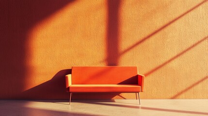 Minimalist red bench against a sunlit orange wall