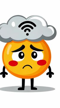 Wifi emoji looking frustrated, sitting dejectedly under cloud symbol, signaling network connectivity issues against white backdrop