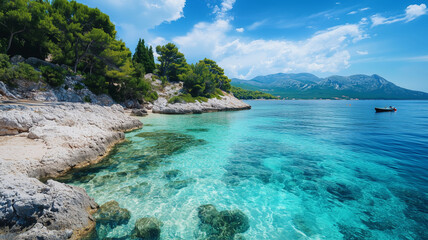 Fototapeta premium Coast sea with turquoise water and boat, mountains. Summer landscape background