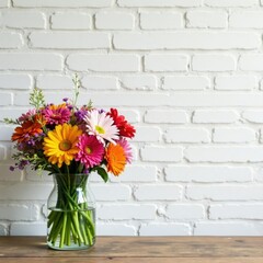 Glass vase filled with colorful flowers on a rustic wooden table against a white brick wall, decoration, color
