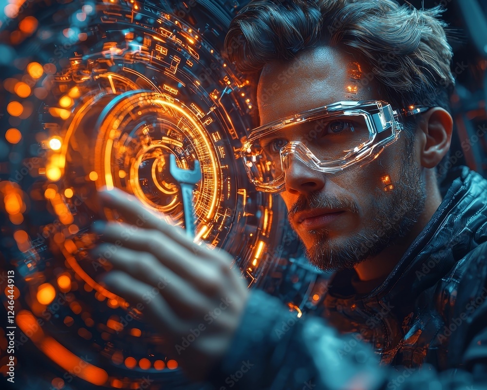 Poster innovative and efficient mechanical engineer holding wrench surrounded by glowing 3d rendering of co