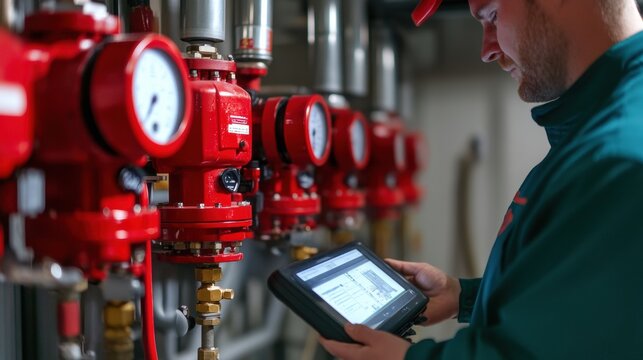 Engineers monitoring automated fire suppression systems in industrial plants.