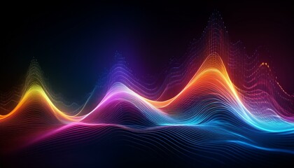 Futuristic sound wave concept design particles glowing waves background; abstract multicolored holographic vibrant wallpaper