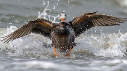 Obraz premium A majestic duck landing on turbulent waves, showcasing its wings in a dramatic coastal scene