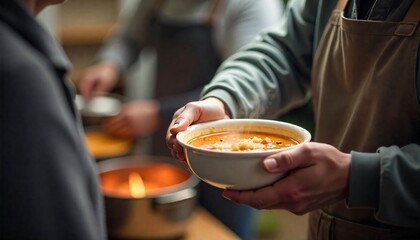 People holding a plate, receiving food donations from a kind individual, symbolizing the act of giving with care and compassion