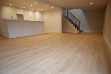 Obraz premium This wide-angle view highlights a newly renovated basement featuring an open-plan design with a sleek white counter and an elegant staircase, offering ample space