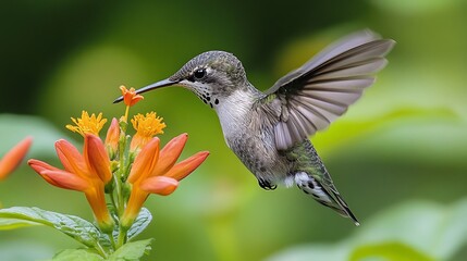 Hummingbird in Flight: A vibrant hummingbird, its wings a blur of motion, hovers mid-air, delicately sipping nectar from a cluster of bright orange flowers.  The soft.