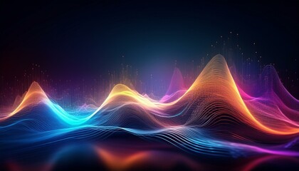 Futuristic sound wave concept design particles glowing waves background; abstract multicolored holographic vibrant wallpaper
