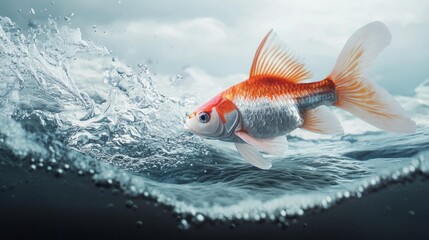 Fototapeta premium Goldfish swimming in dynamic waves with splashes of water