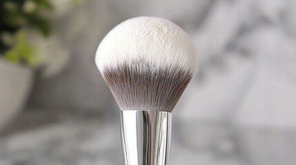 Makeup powder brush dispersing fine translucent powder in soft lighting.
