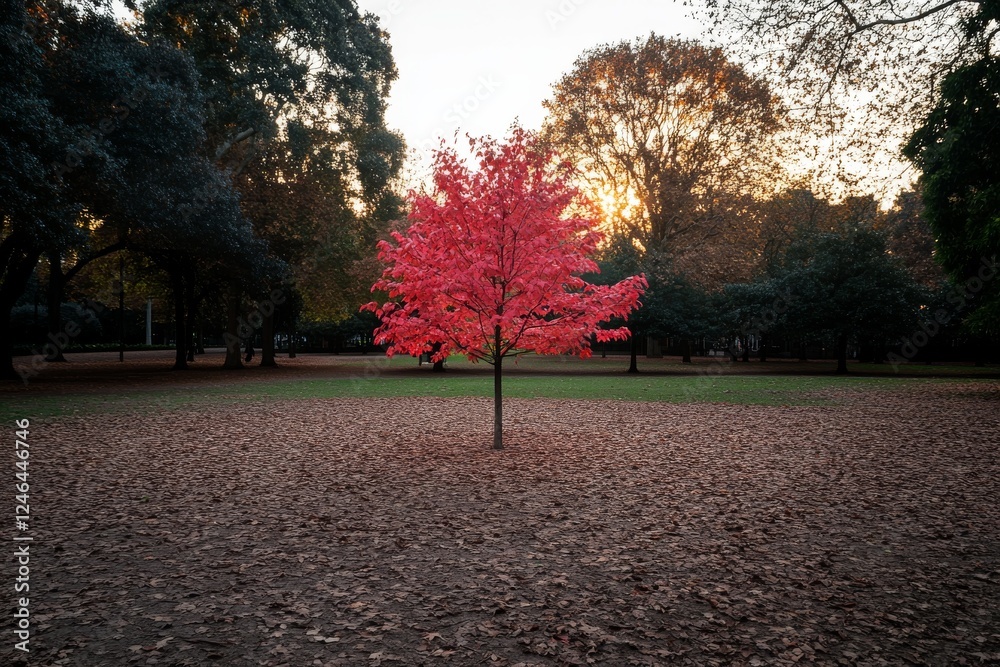 Aufkleber a single vibrant red tree stands out in a serene autumn landscape, surrounded by golden and orange l