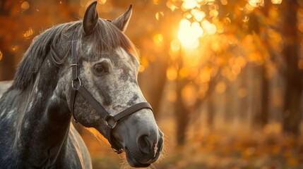 Obraz premium Majestic grey horse standing gracefully in a sunlit autumn forest with vibrant foliage
