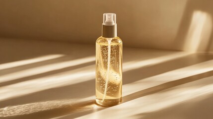 Naklejka premium Minimalist glass bottle of facial mist with light droplets on the surface.