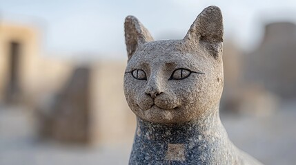 Ancient Egyptian cat statue, ruins background, history