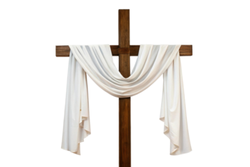 White draped fabric on wooden cross for worship, cut out