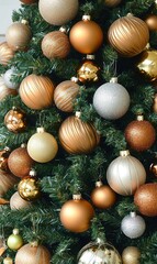 Close-up of decorated Christmas tree with gold and silver ornaments, festive holiday background