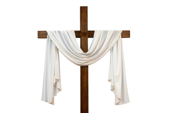 White draped fabric on wooden cross for worship, cut out