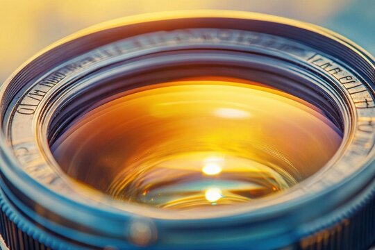 macro shot of vintage camera lens with golden hour sunlight creating prismatic reflections, detailed glass elements visible