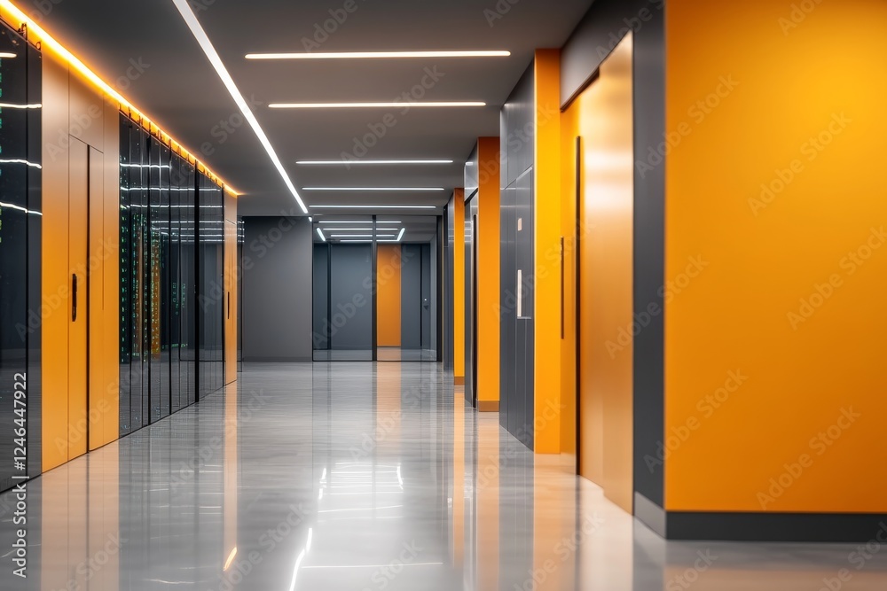 Poster vibrant server racks line the corridor of a modern data center, with blinking lights enhancing the t