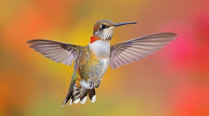 Fototapeta premium Vibrant hummingbird hovering in a colorful garden, showcasing its iridescent feathers and grace